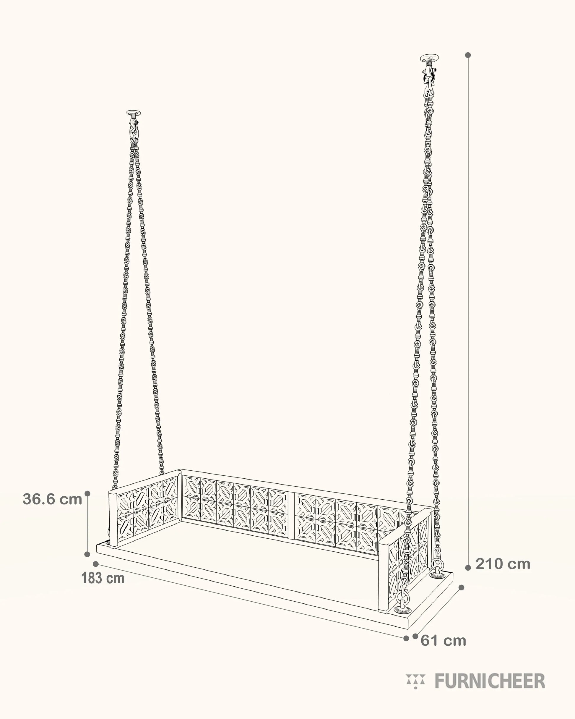 Ceiling Mount Swing with Brass Chain Size Diagram