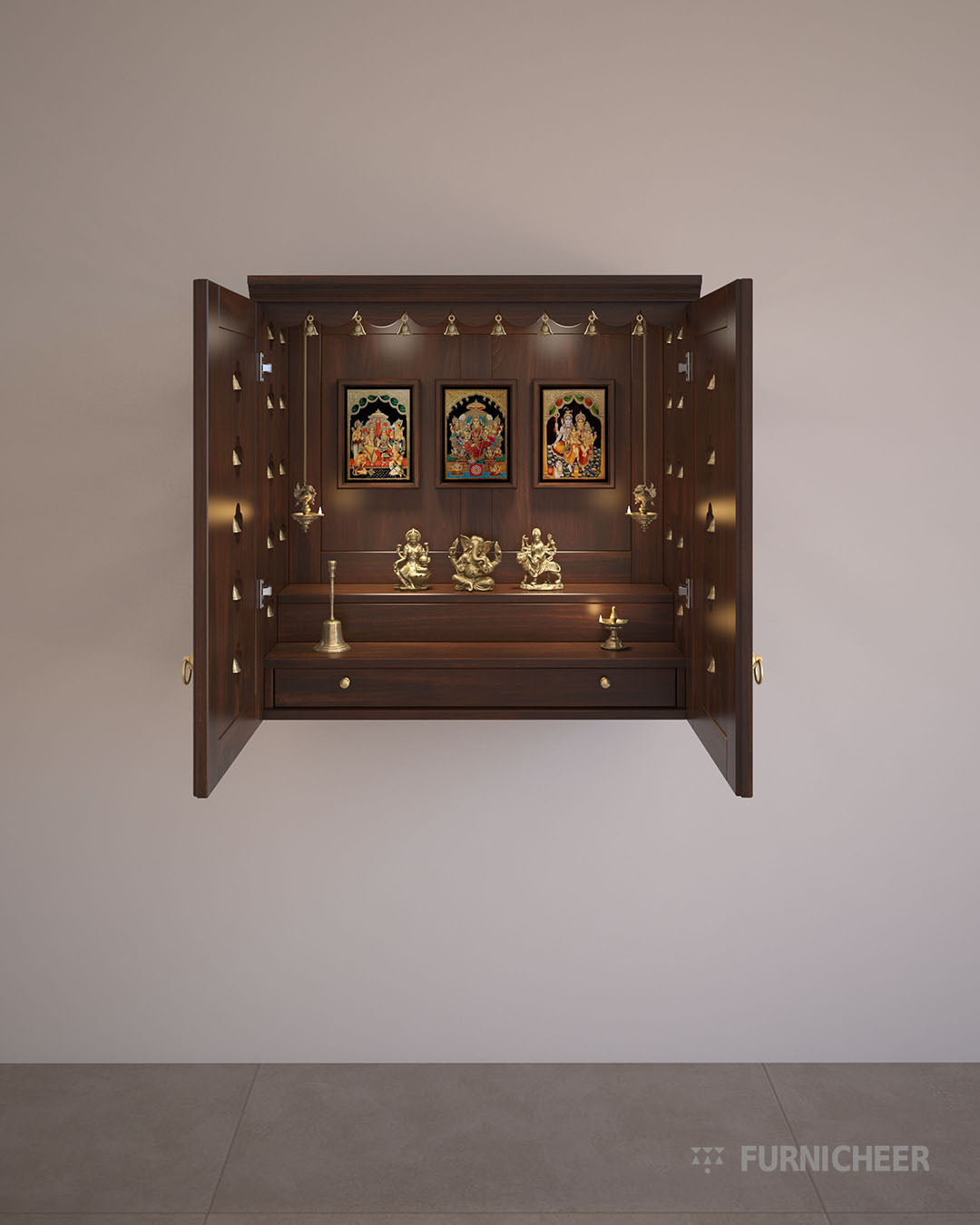 solid wooden puja mandir with bells accents