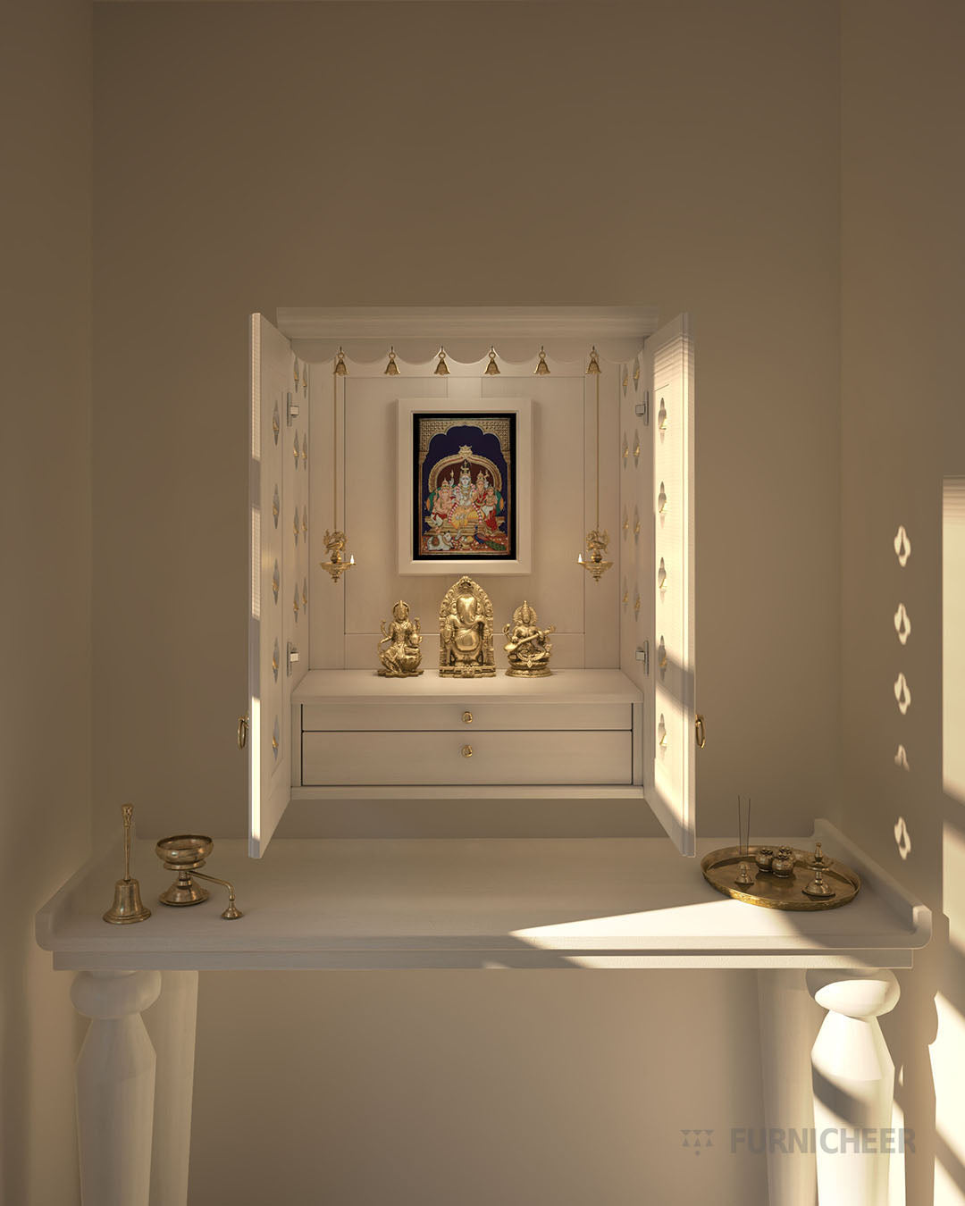 Wall Mounted Puja Mandir with Bells and lamps 