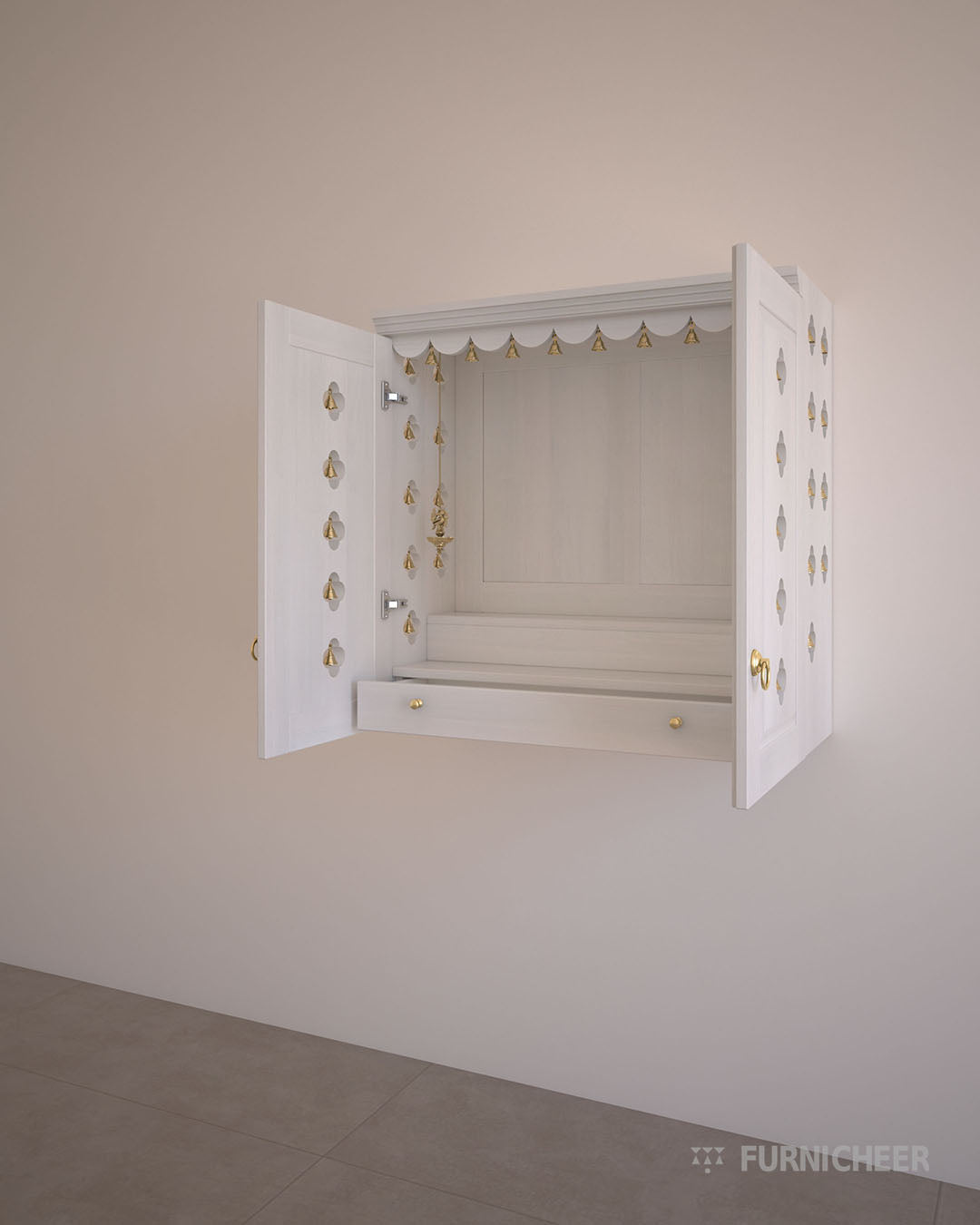 White Wooden Puja Temple With Door for wall mount