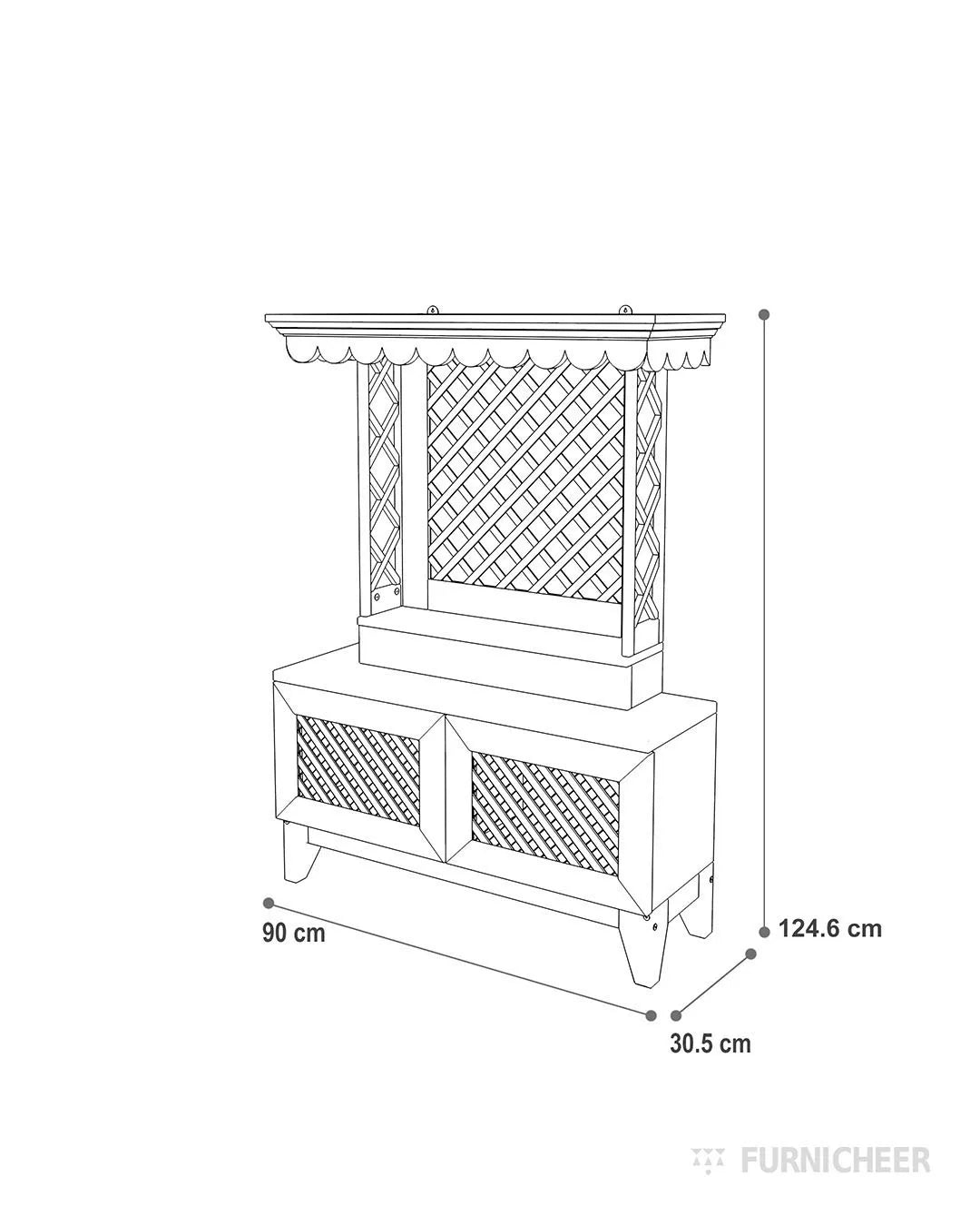 Premium solid wood pooja mandir with storage box size diagram