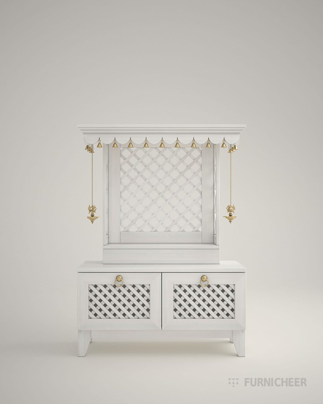 Elegant white PU finish pooja mandir with lamps