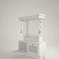 Modern pooja mandir with white PU finish and lamps