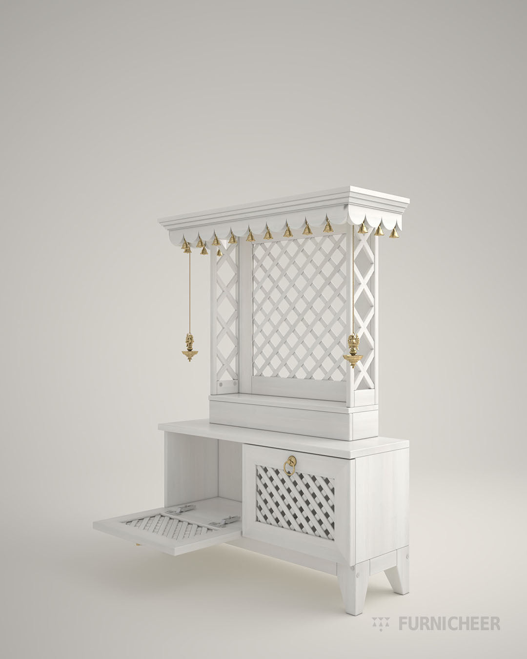 Modern pooja mandir with white PU finish and lamps