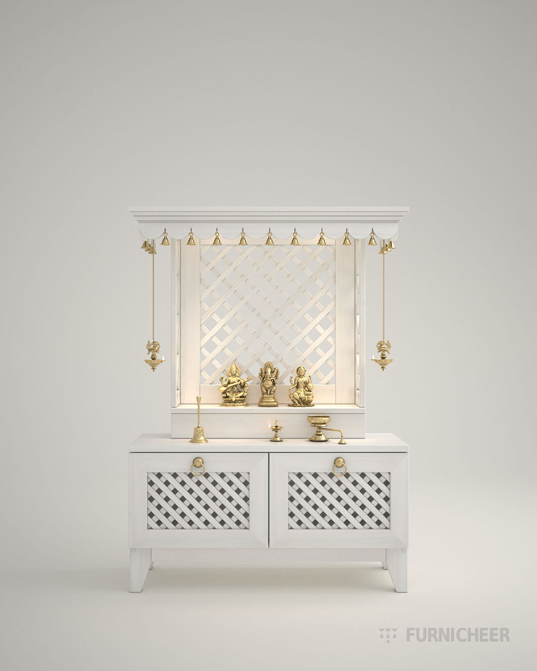 White PU finish pooja mandir with lamps for home