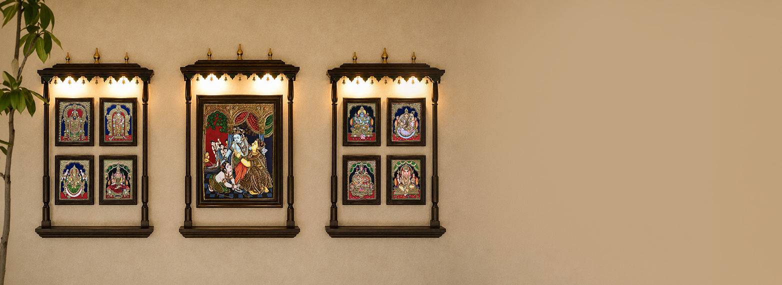 A banner of Aalaya, Thiruvachi and Prabhavali Solid Wood Tanjore Temples with Beige background