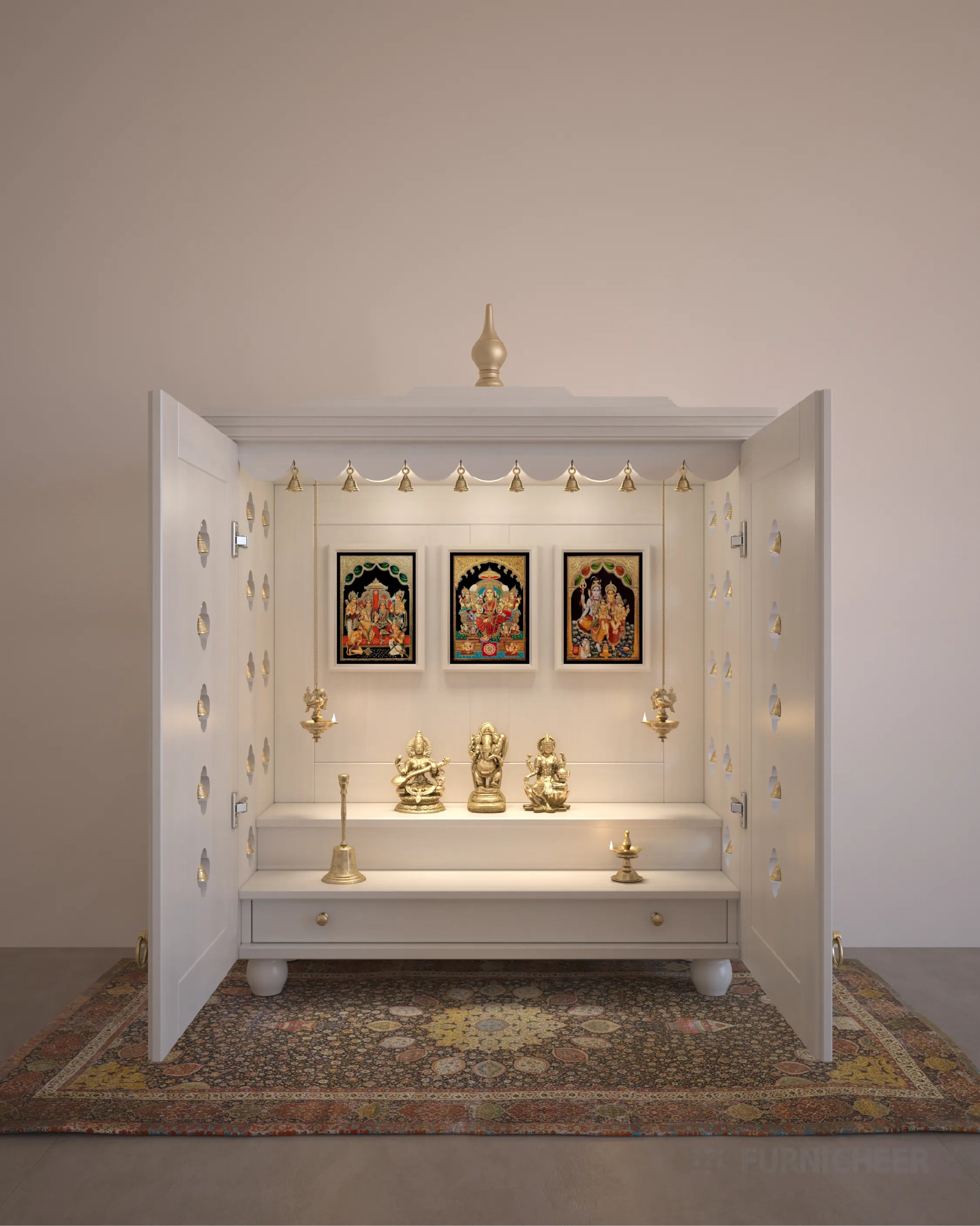 White PU Finished Temple for Pooja with Brass Gumbad