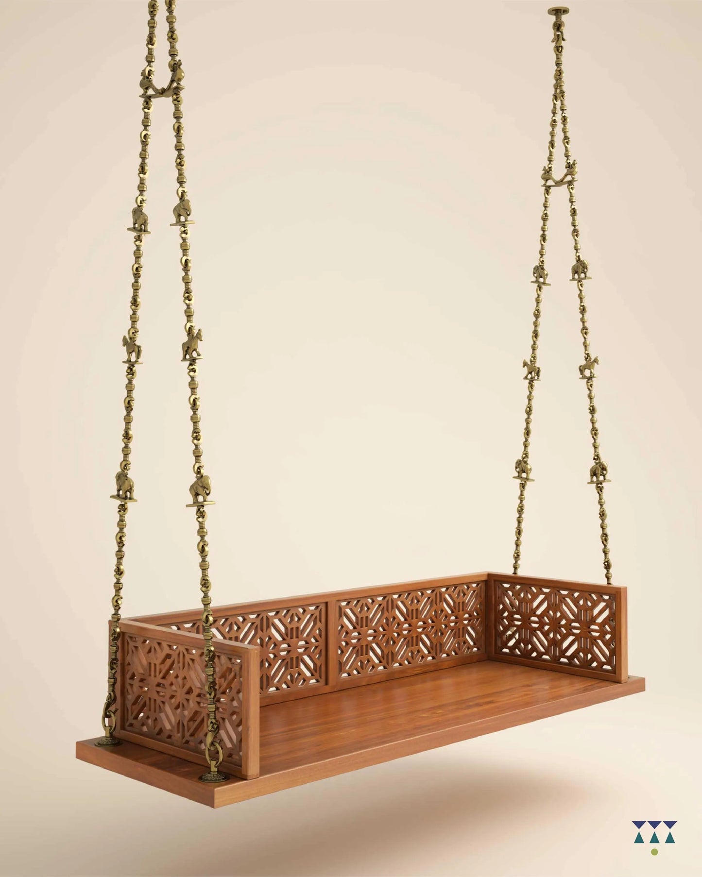 ANANTA - Indian Jhula in Walnut Finished Solid Wood & Brass Chain Links with small animal motifs