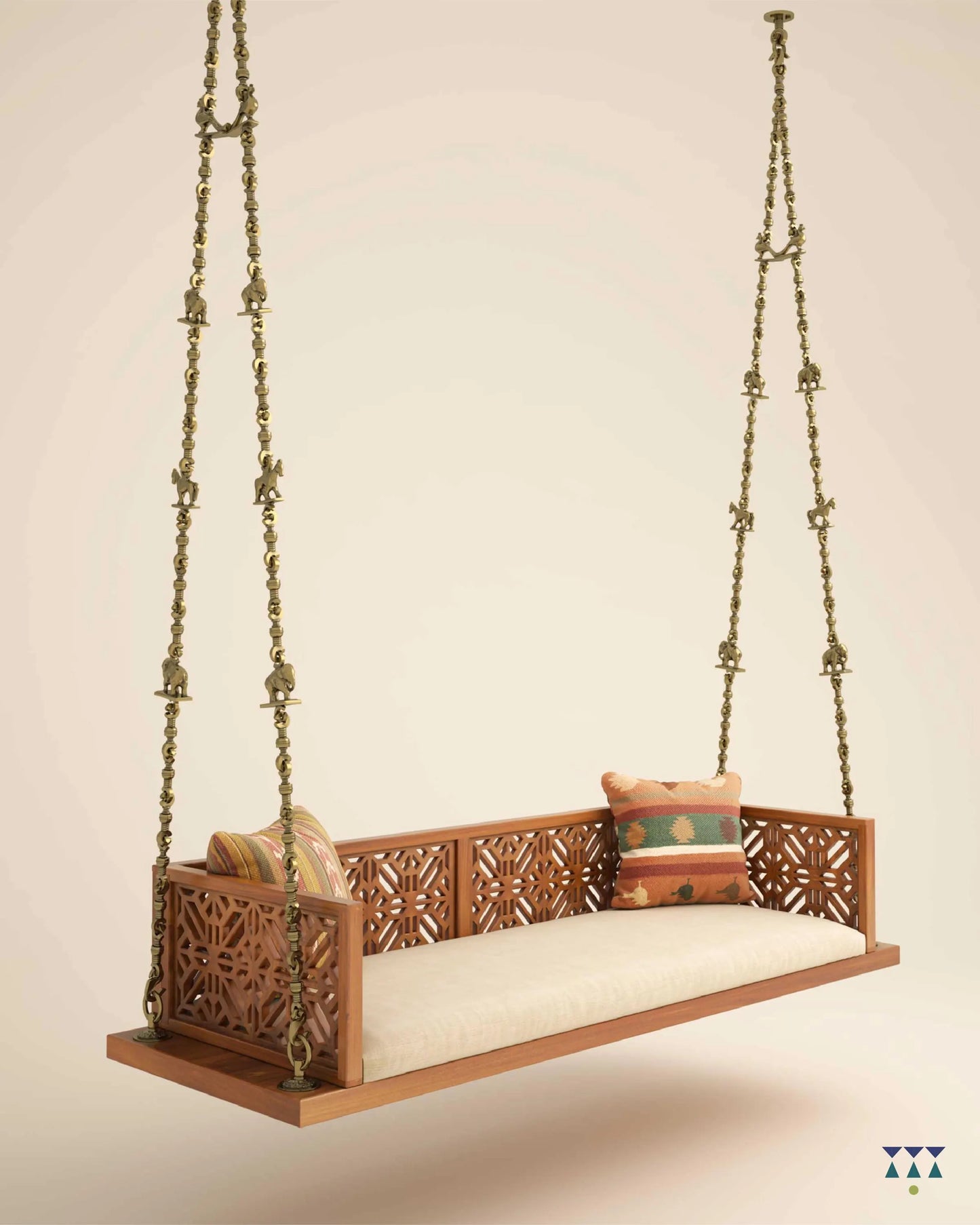 ANANTA - Indian Jhula in Walnut Finished Solid Wood & Brass Chain Links with small animal motifs