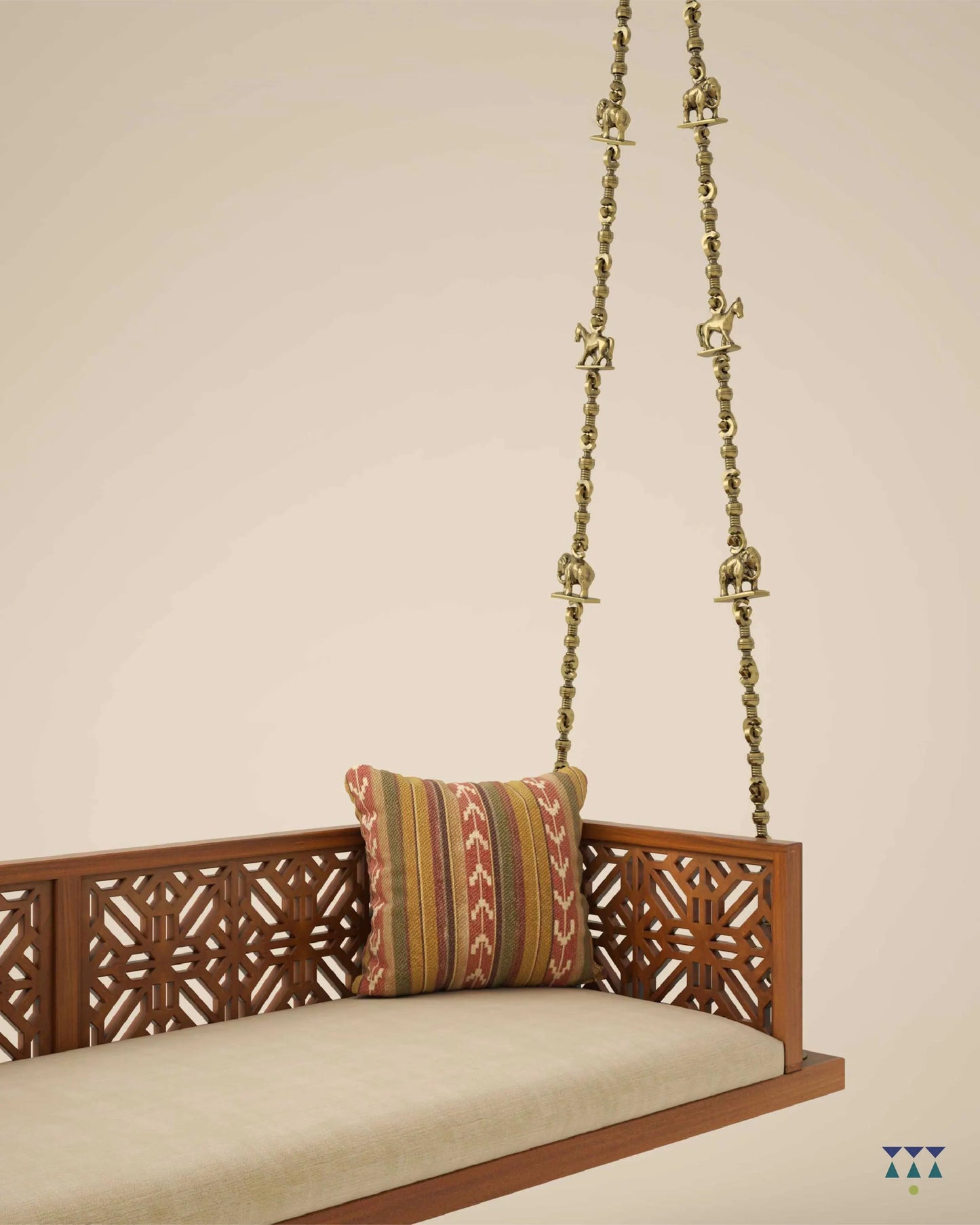 ANANTA - Indian Jhula in Walnut Finished Solid Wood & Brass Chain Links with small animal motifs