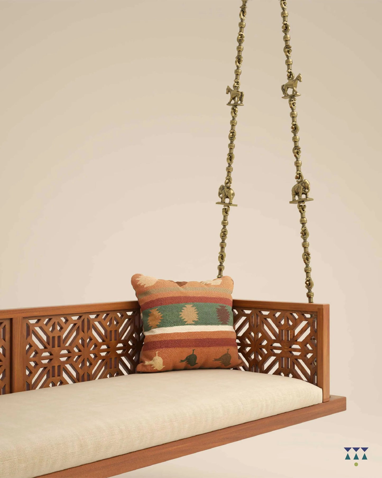 ANANTA - Indian Jhula in Walnut Finished Solid Wood & Brass Chain Links with small animal motifs