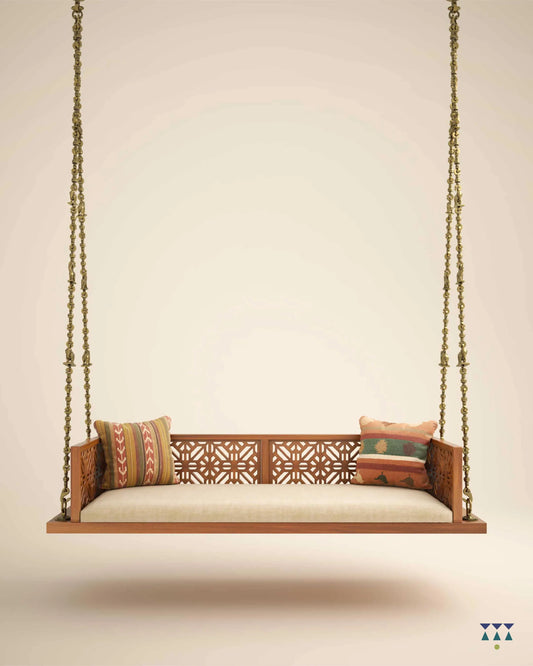 ANANTA - Indian Jhula in Walnut Finished Solid Wood & Brass Chain Links with small animal motifs