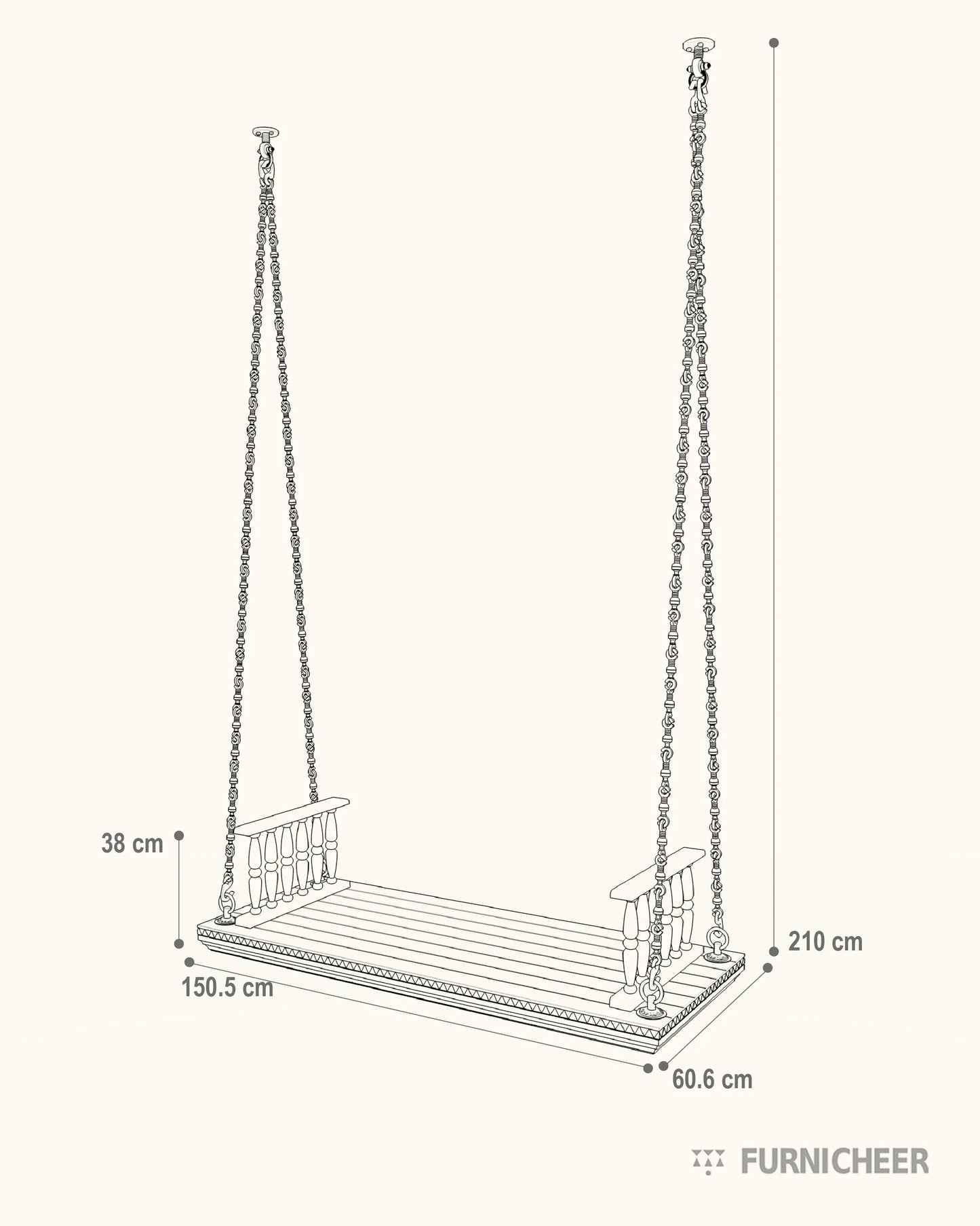 Handmade Wooden Jhula For Hall Size Diagram