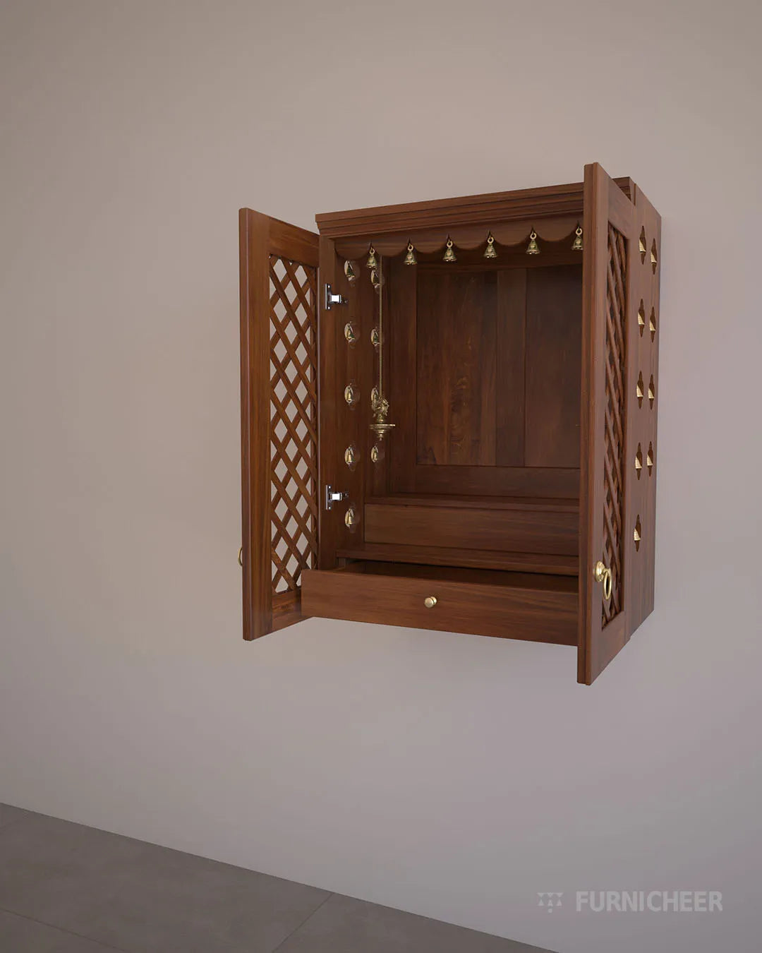 Handcrafted Wooden Mandir with Enclosed Doors for Home Temple
