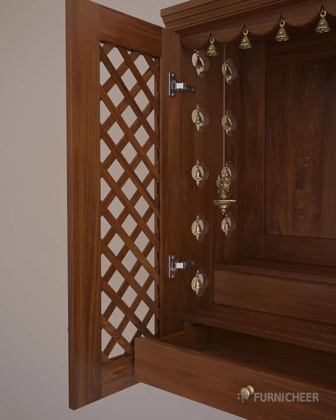 Traditional Wooden Wall Mounted Mandir with Glass Door
