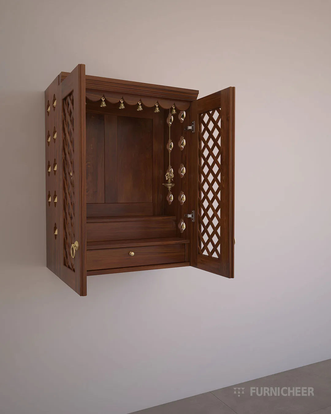 Wooden Wall Mounted Mandir with Enclosed Door