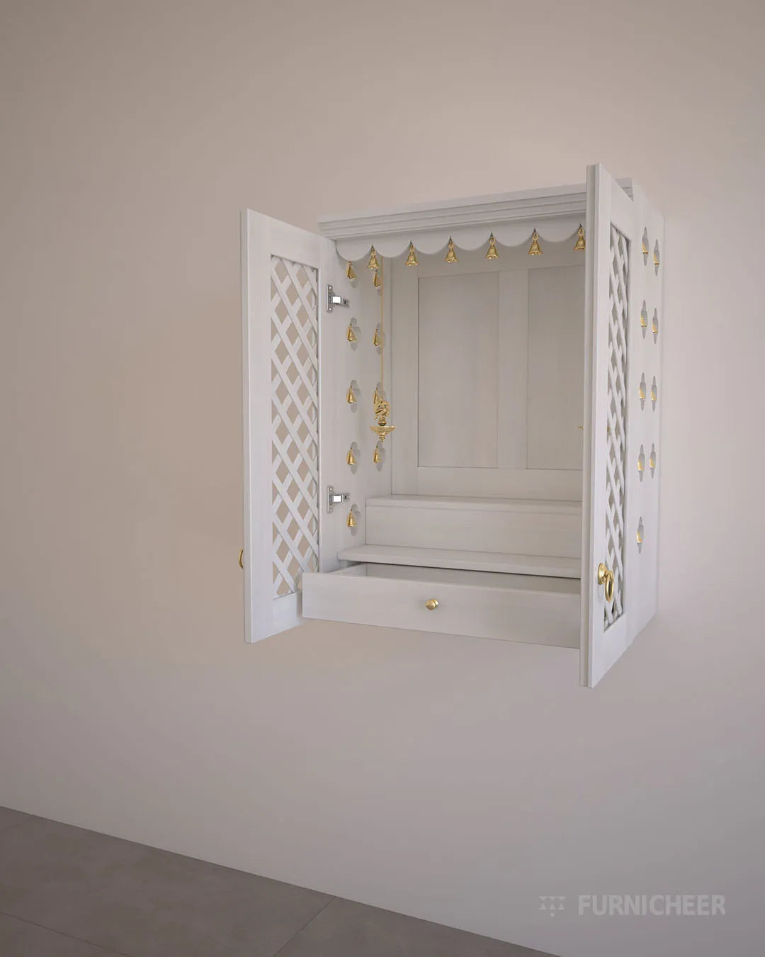 White Modern Wall Mounted Puja Mandir for Flats
