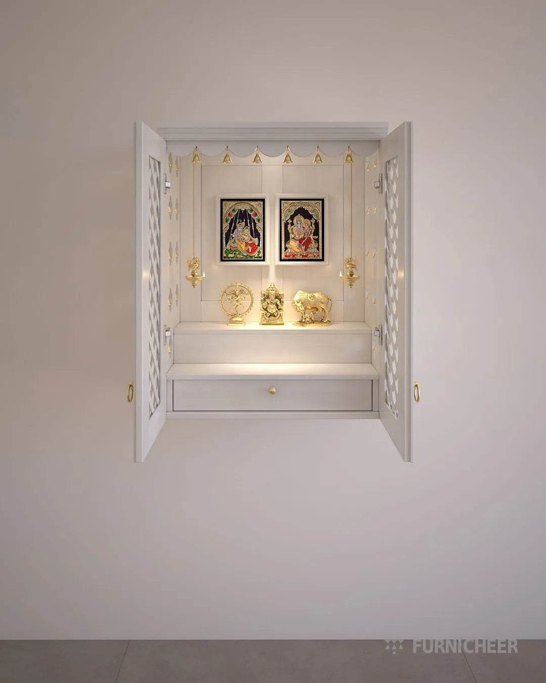 White Wall Hanging Puja Mandir with Door for Flats