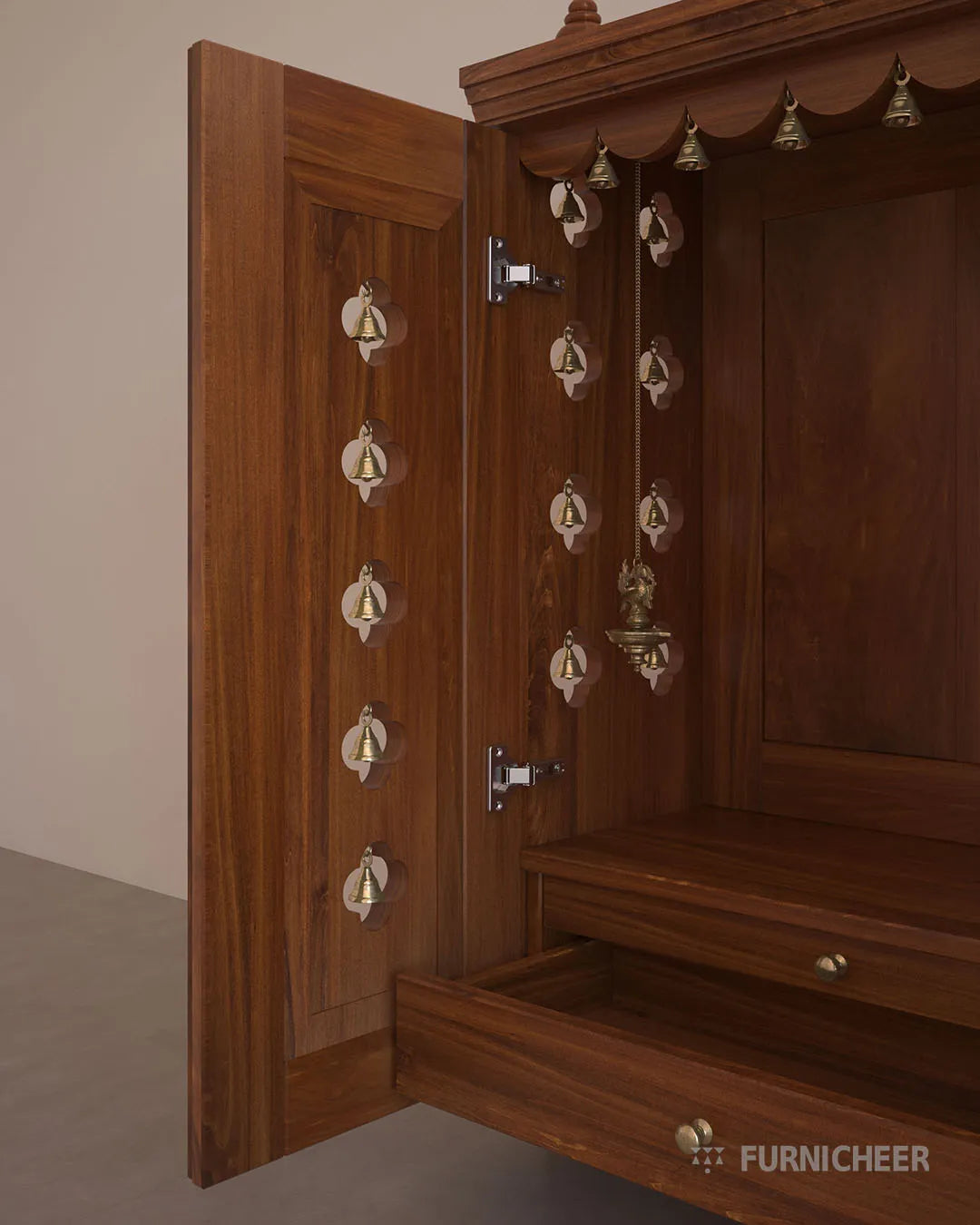 Natural Wood Prayer Stand with Shelf and Details
