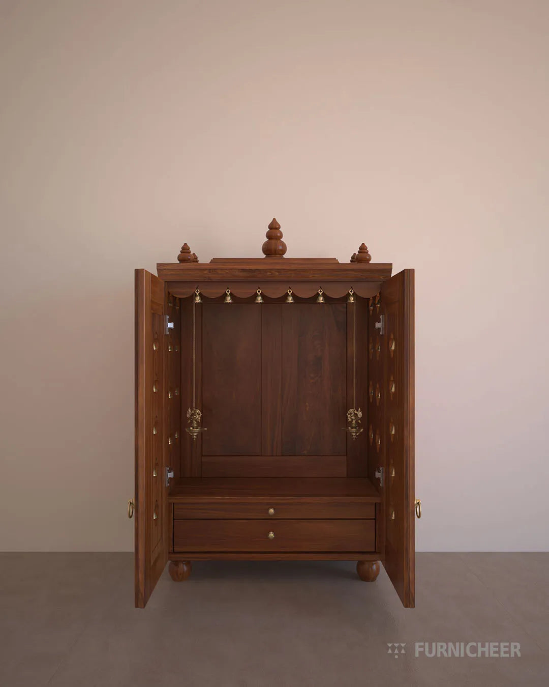 Solid Timber Mandir with Shelf and Carvings
