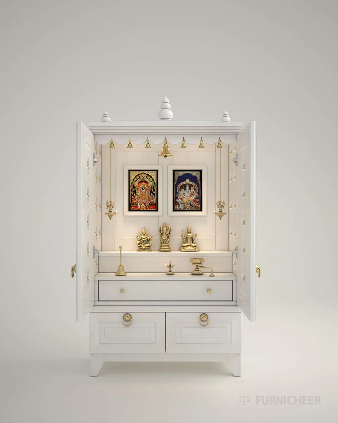 White Classic Wooden Pooja Cabinet Mandir for Home