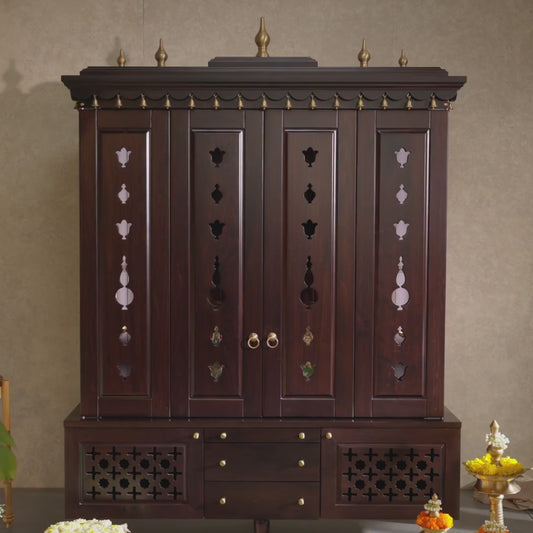 Video of pooja room featuring a mandir, Indian art, a bench, tables and pooja decorations