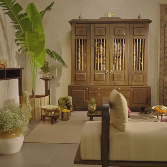 Video of pooja room featuring a mandir, Indian art, a bench, tables, chest of drawers and pooja decorations
