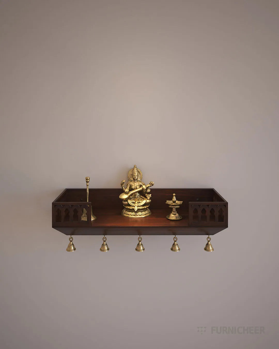 Brown wooden wall mount mandir for spiritual decor