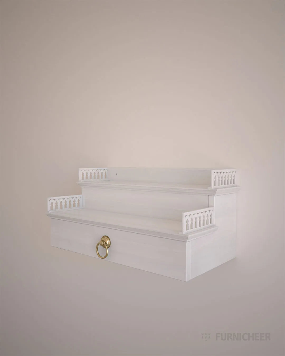 White wall mount prayer unit for Hindu puja