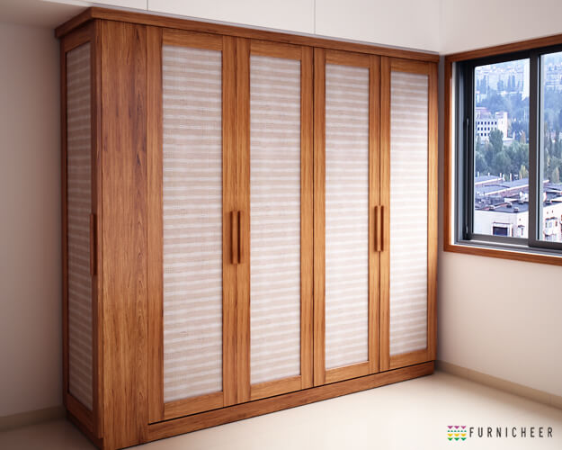 Brown Solid Wood Four Shutter Wardrobe With Dresser And White And