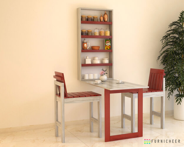 Red And Grey Solid Wood 2 Seater Wall Mounted Folding Dining Set Furnicheer